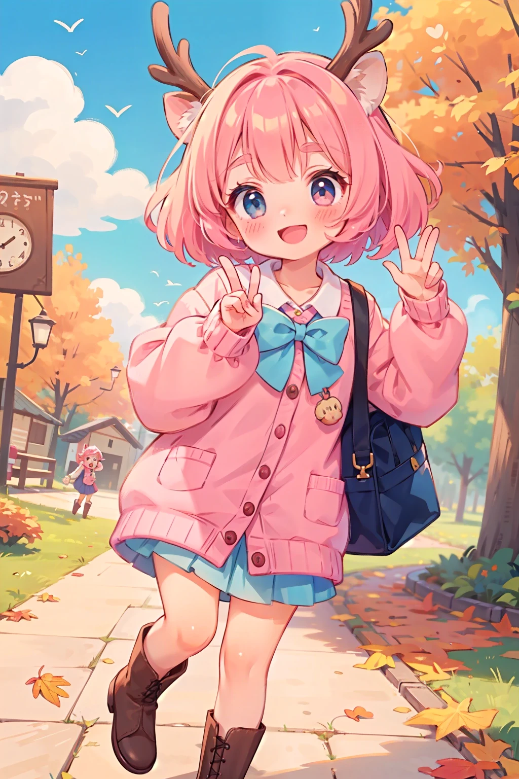 (Best Quality,  Hi-Res, Super detailed),  1 very young girl，sheep，Pink fluffy hair\(sheep毛\), Pink Hair, Fluffy hair,  thick eyebrows,  pink dress ,  sky blue cardigan , Brown boots， with a playful gesture ，Autumn in Nara City， Facial beauty，smile，Deer crackers:1.2， dynamic pose  ， fall leaves for vaginal discharge， with a playful gesture ，

