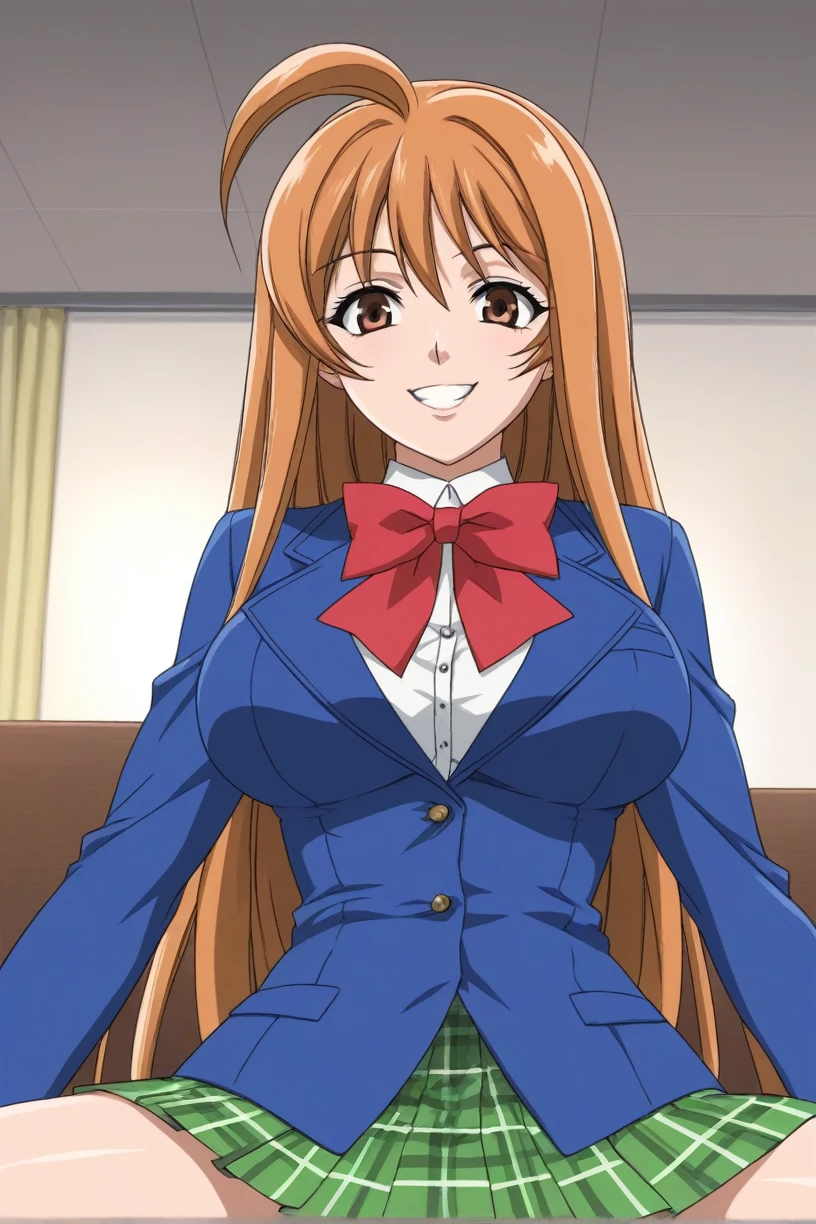 best quality,masterpiece,looking at viewer,absurdres,1girl,score_9,score_8_up,score_7_up,source_anime BREAK natsume aya,orange hair,long hair,brown eyes,ahoge,breasts,white ,skirt,bow,plaid,large breasts,jacket, plaid, green plaid skirt, blue blazer, evil smile, front below, sit