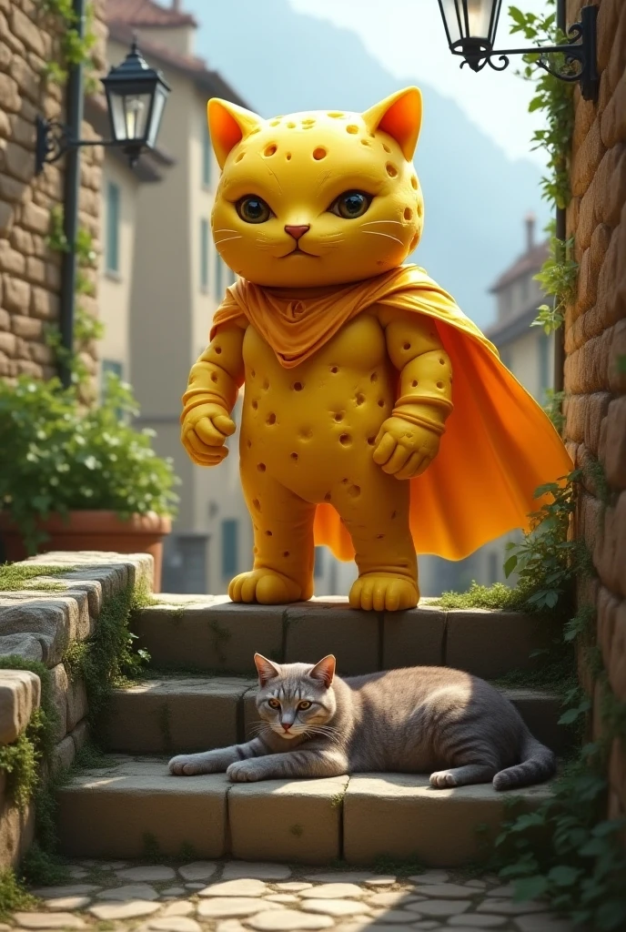 Cheese version of a superhero, and cat on Stone Steps