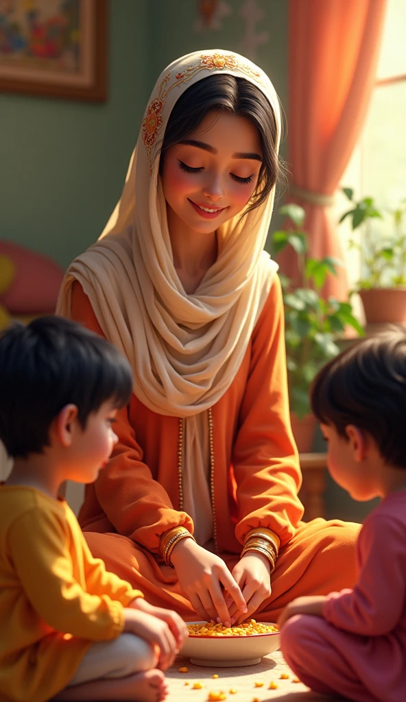 A woman in hijab chats with her two children inside the house.(storybord)
