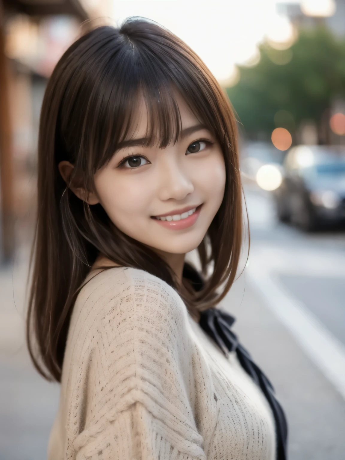 8k、Best Quality、Ultra Wide Angle Monofocal Lens 、(Representative Works:1.2)、( Genuine)、( Genuine:1.37)、 one high school girl、 with a big smile on your face and shake hands、 beautiful alignment of teeth 、Well-formed fingers、Around town、( Cute Winter Clothes )、 perfect body 、 Gravure photoshoot 、 perfect meaning 、Beautiful Skin、 professional lighting 、Face and skin detail 、Microparticles、 RAW Photo from the Last Century