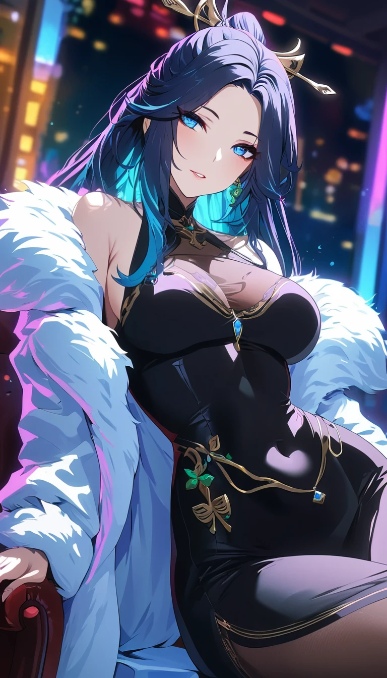 a gorgeous woman in a black leather long dress, off shoulder, wearing a white fur coat, beauty spots, sitting on a chair, in a night bar background, indoor, neon light, vibrant colors, hyper detailed, 8k, high quality, cinematic lighting, dynamic pose, full body shot, blue_eyes, long_hair, black_hair,semi-rimless_eyewear, hair_ornament, covered_navel, red-framed_eyewear, blue_hair, multicolored_hair, bangs, whole body, mature female ,mature female, whole body, large anime eyes, highly detailed eyes, natural skin, natural skin texture, subsurface scattering, muted colors, skin pores, score_9, score_8_up, score_7_up, (sfw), (cowboy shot, dutch angle:1.2), 1girl, solo, mature female
