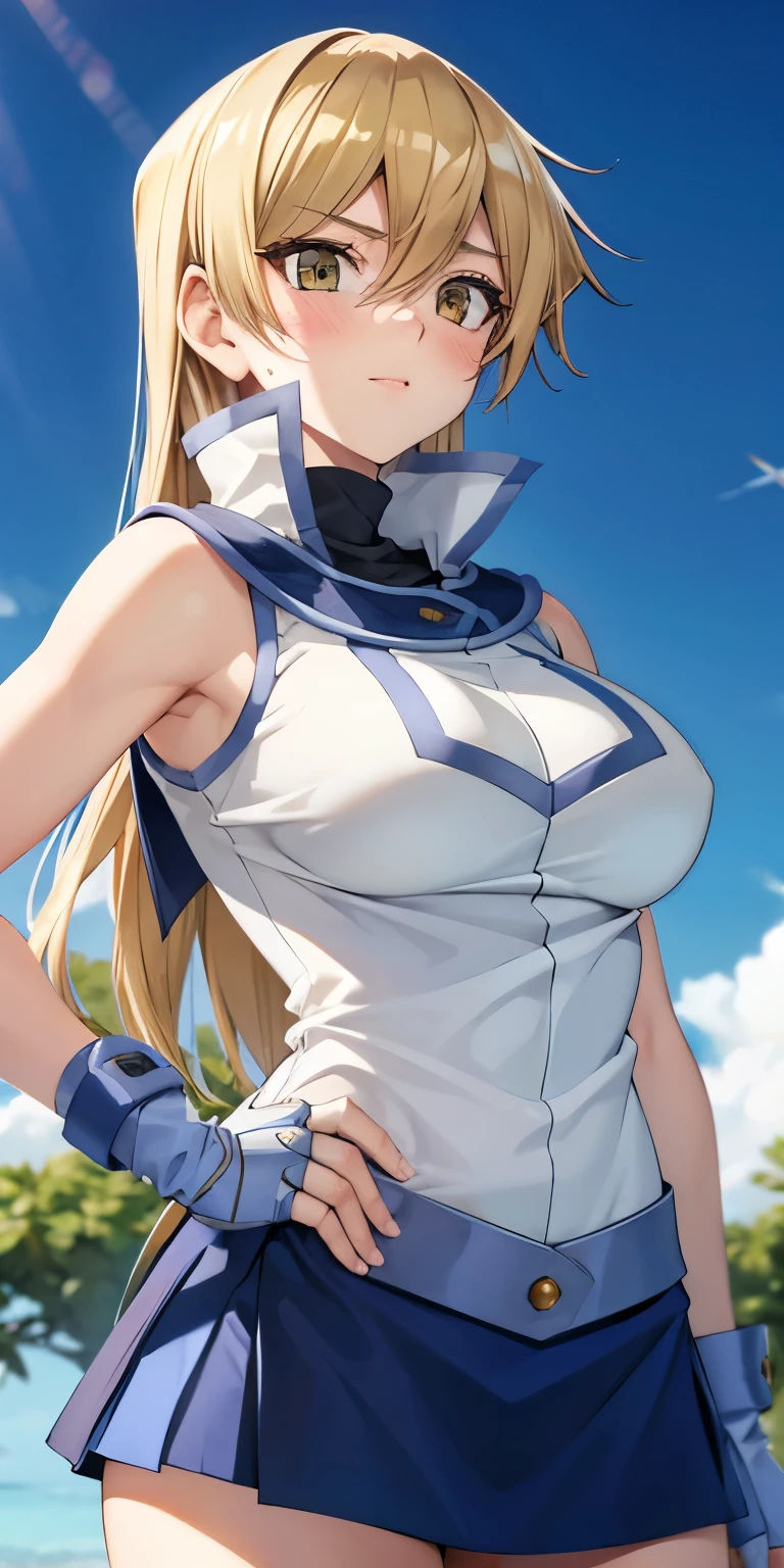 1 Female,High definition,high resolution,Ultra-realistic,8K, ta1, blonde hair, long hair, yellow eyes,white jacket, sleeveless, blue skirt, tight skirt, miniskirt,fingerless gloves, large breasts,European,sexy,Upper body close-up,Photographed from the front,Dynamic Angles,(blush), (medium tits) ,arms on hips