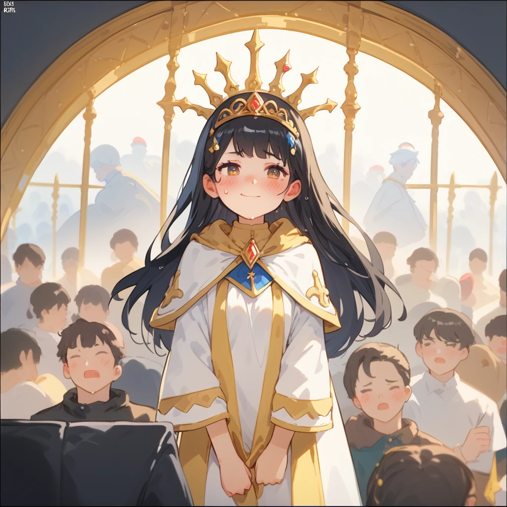 score_9, score_8_up, score_7_up, masterpiece, High resolution, source_anime, break, a young girl in center, priestess, junior high school age, Female cleric, Black Hair, feather shaped tiara on head, tiara have wing shaped ornament, small breast, small hips, break, Diagonal view, break, smile, embarrassed, sweating, break, Luxurious groves, Luxurious dress of priestess, gold line border designed Luxurious long capelet, break, Luxurious sexy slit skirt, Luxurious long boots, ( Luxurious glance white panties :0.5), break, Warm light fills the sky, break, (random seed 485 : 0) 