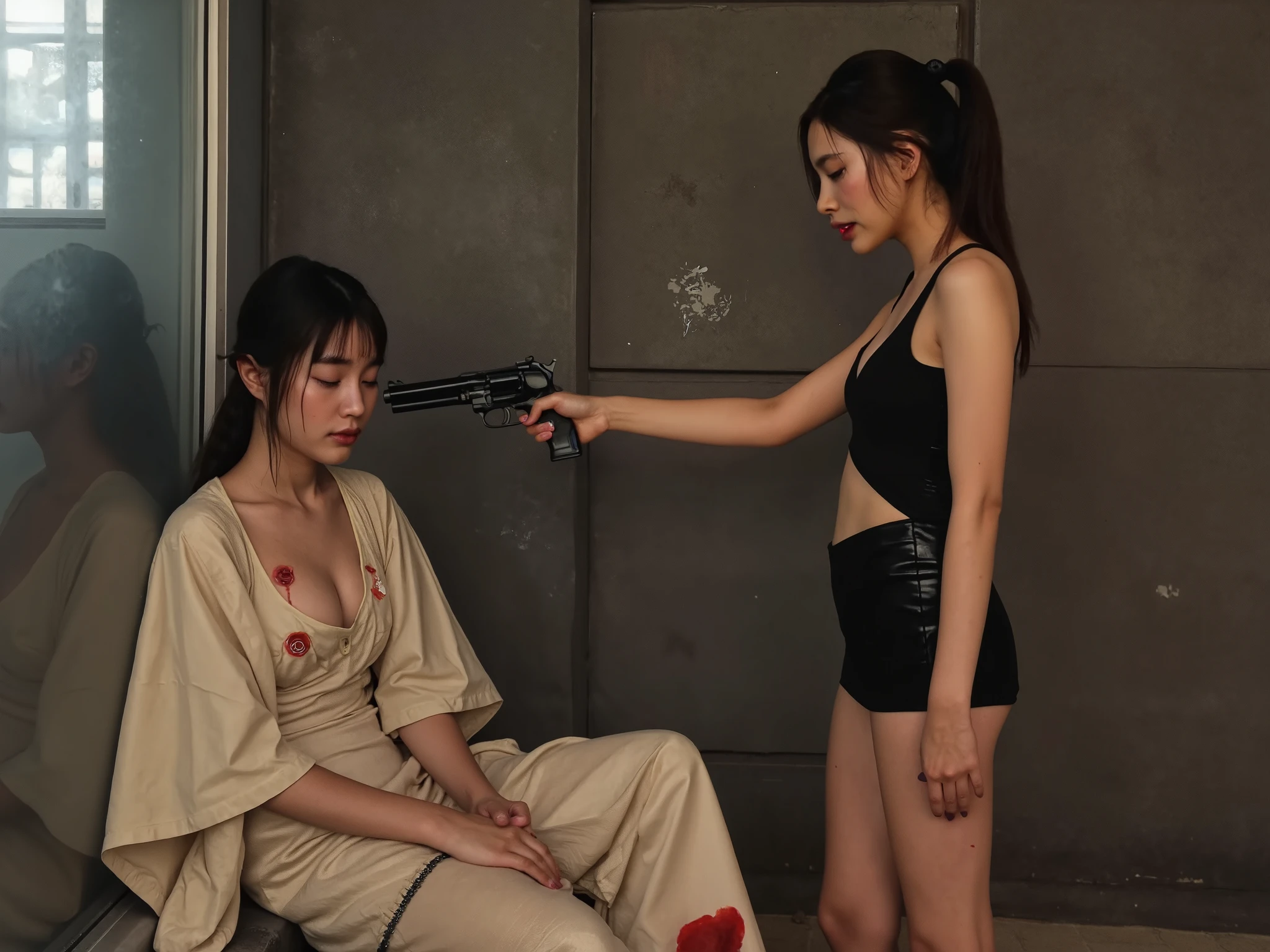 Two Japanese women. The first woman is 25 years old, wearing a tight rubber kimono. She sits on the floor, leaning against a glass, her head bowed and her eyes closed, red saliva dripping from her. She has a gunshot wound to her kimono, which is bleeding. The second woman, also Japanese, has her eyes open, wearing a tight black rubber dress. She stands nearby and points a gun at the first woman's stomach. The scene is created to convey tension and drama.