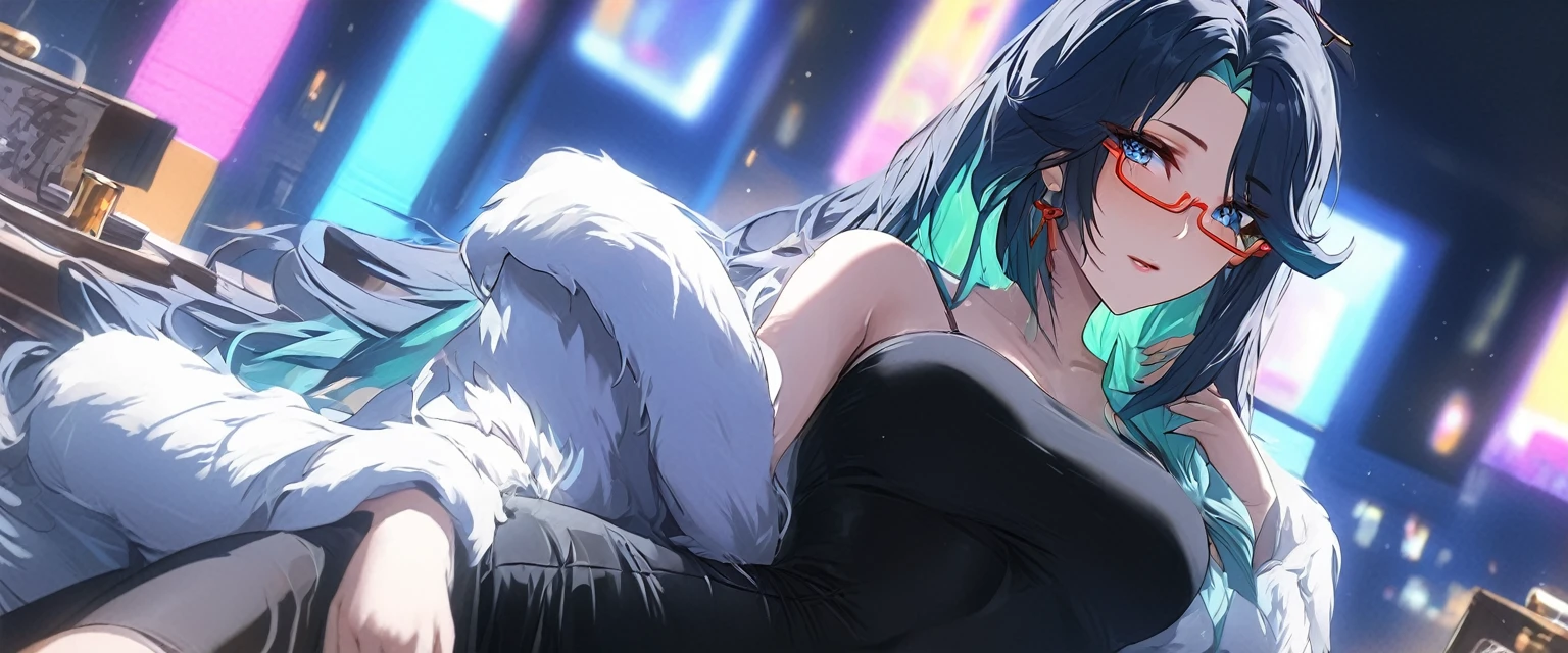 a gorgeous woman in a black leather long dress, off shoulder, wearing a white fur coat, beauty spots, sitting on a chair, in a night bar background, indoor, neon light, vibrant colors, hyper detailed, 8k, high quality, cinematic lighting, dynamic pose, full body shot, blue_eyes, long_hair, black_hair,semi-rimless_eyewear, hair_ornament, covered_navel, red-framed_eyewear, blue_hair, multicolored_hair, bangs, whole body, mature female ,mature female, whole body, large anime eyes, highly detailed eyes, natural skin, natural skin texture, subsurface scattering, muted colors, skin pores, score_9, score_8_up, score_7_up, (sfw), (cowboy shot, dutch angle:1.2), 1girl, solo, mature female
