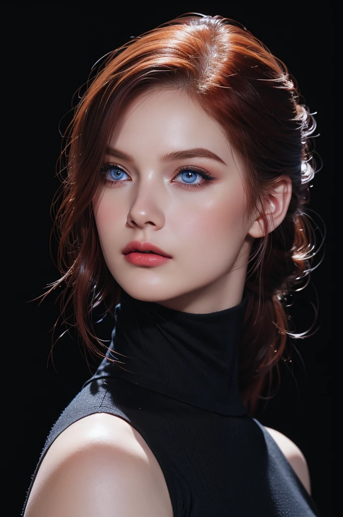 woman with medium hair ,Auburn-red-hair, pale,soft body,eyeliner,portrait,blue eyes,eyeliner,wonderful highly detailed masterpiece, elegant, digital painting, smooth, dramatic lighting, ultra realistic, 8k, art , blur backgrond, black background ,black background, black turtleneck,look at camera