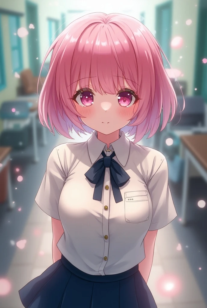 (best quality:1.1), (masterpiece:1.4), (absurdres:1.0), portrait, close up,
1girl, momo velia deviluke, hair ornament, bob cut, short hair pink hair, purple eyes, medium breasts, yellow school uniform, looking at viewer, classroom, (blush:1.2), smile,