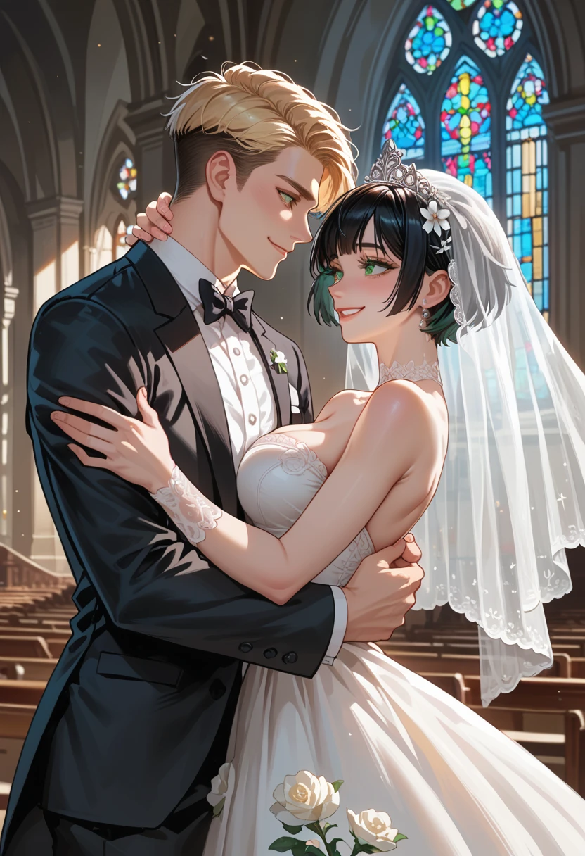 height difference, slender body, nsfw, 1girl, Blonde Woman,  pixie cut, straight hair, Perfect detail on the face,  perfect attention to detail, (Green Eyes), Charming,Beauty,  long lashes, masterpiece,  absurd, Best Quality , complicated details, Transparency, smile,  in her wedding dress , church, White Flower, blue sky, large breast, BREAK 1man, Black Hair, Short Hair,  handsome, Muscular, White Tuxedo, Princess hug, Lovers gazing at each other, happiness