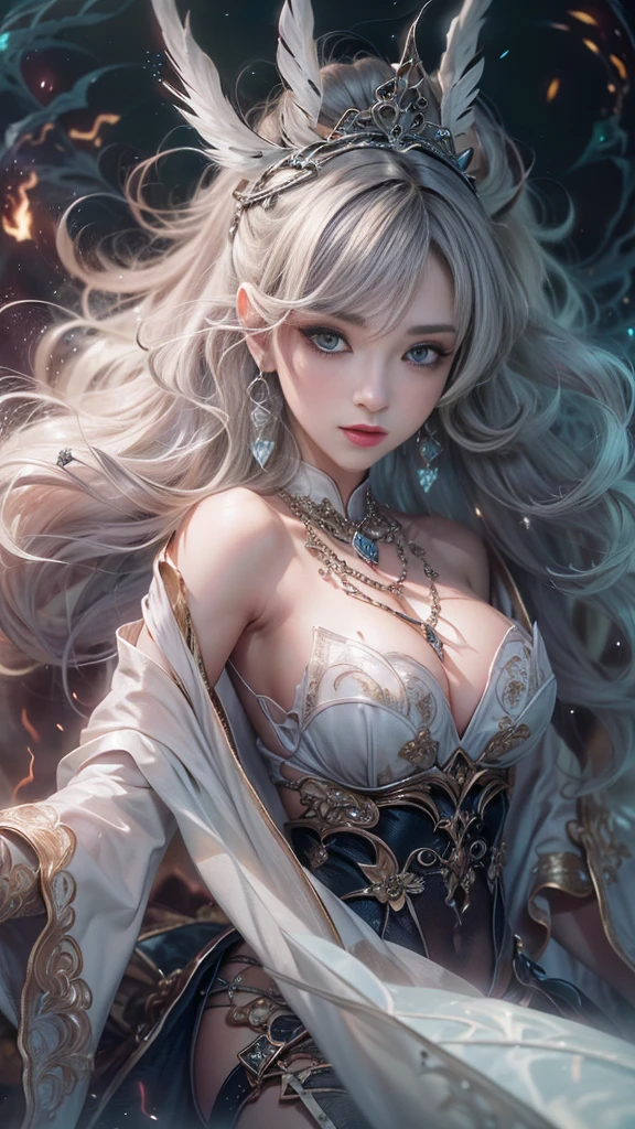 A girl is wearing a delicate metal headdress adorned with gemstones, with a floral tattoo on her body, colorful hair, and sparkling exquisite patterned clothing. Behind her is a magical tree, extending your hand. Her exquisite facial features, beautiful and delicate eyes, the Eye of the Universe, alone, (best quality, ultra fine, best illustrations, best shadows, masterpieces, high-resolution, professional artwork, famous artwork: 1.2), surrealism, magic and technical light, flowing sparkling liquids, rapidly moving beams of light, time stretching particle behavior, fantasy background, technical background, fantasy, celestial body, conceptual art, radiation, caustics, diffraction, epic composition images, particles flying along the lines of the scene, colorful best quality, high-resolution masterpiece, best quality, extreme details, illustrations, ultra-high definition, ultra details, 8k,