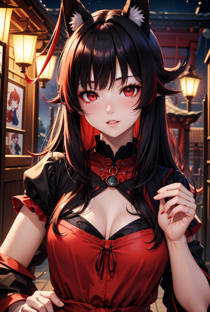Dark and thirsty vampire; long hair, a beautiful hairstyle with oriental braids, using a hair clip; rosto angelical, fleshy lips, greeneyes, freckles on the face, is wearing a long black dress with red details; she has an expression of arrogance and stubbornness; on her face she is wearing heavy makeup
