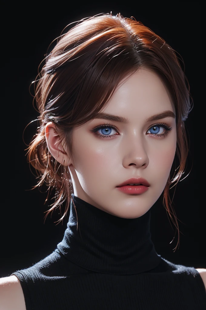 woman with medium short hair ,Auburn-red-hair, pale,soft body,eyeliner,portrait,blue eyes,eyeliner,wonderful highly detailed masterpiece, elegant, digital painting, smooth, dramatic lighting, ultra realistic, 8k, art , blur backgrond, black background ,black background, black turtleneck,look at camera