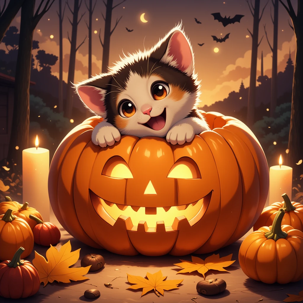 An adorable Halloween-themed illustration wallpaper featuring a Jack-o'-lantern with a playful kitten peeking out from inside. The pumpkin is carved with a traditional smiling face, glowing warmly from within with a soft orange light. The kitten, with bright curious eyes and soft fur, pokes its head out from one of the eye holes or the top, adding a cute and charming element to the spooky scene. The background is filled with autumn leaves, glowing candles, and subtle Halloween decorations like bats and cobwebs, giving the image a festive yet cozy atmosphere. The overall design is cute, whimsical, and perfect for a Halloween celebration,