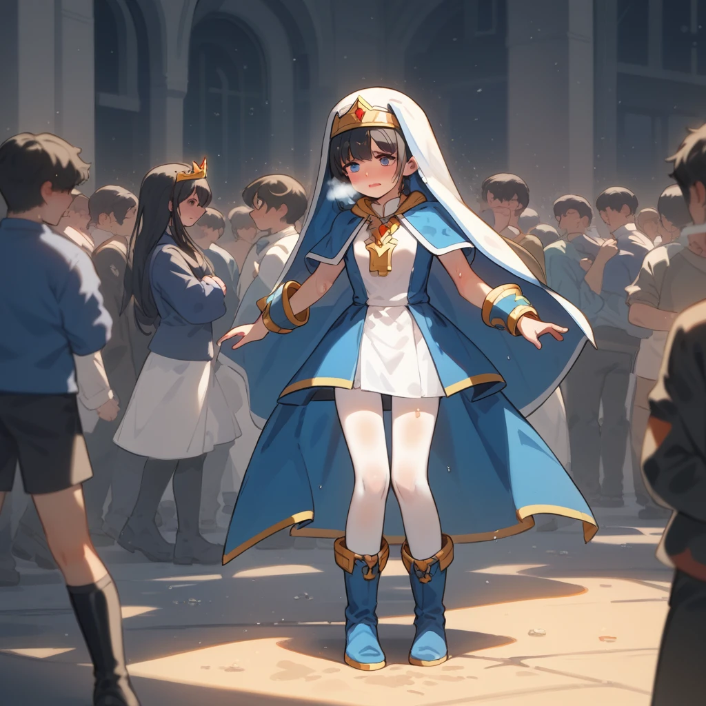 score_9, score_8_up, score_7_up, masterpiece, High resolution, source_anime, break, a young girl in center, priestess, junior high school age, Female cleric, Black Hair,  Tiara on head, small breast, small hips, break, variable angle, break, smile, heavy breathing, embarrassed, sweating, break, Gorgeous groves, Gorgeous blue dress of priestess, gold line designed Gorgeous long blue capelet, break, Gorgeous sexy slit skirt, Gorgeous gold knee high tights, Gorgeous long boots, ( glance white panties :0.8), break,  morning glow, break, (random seed 532 : 0) 