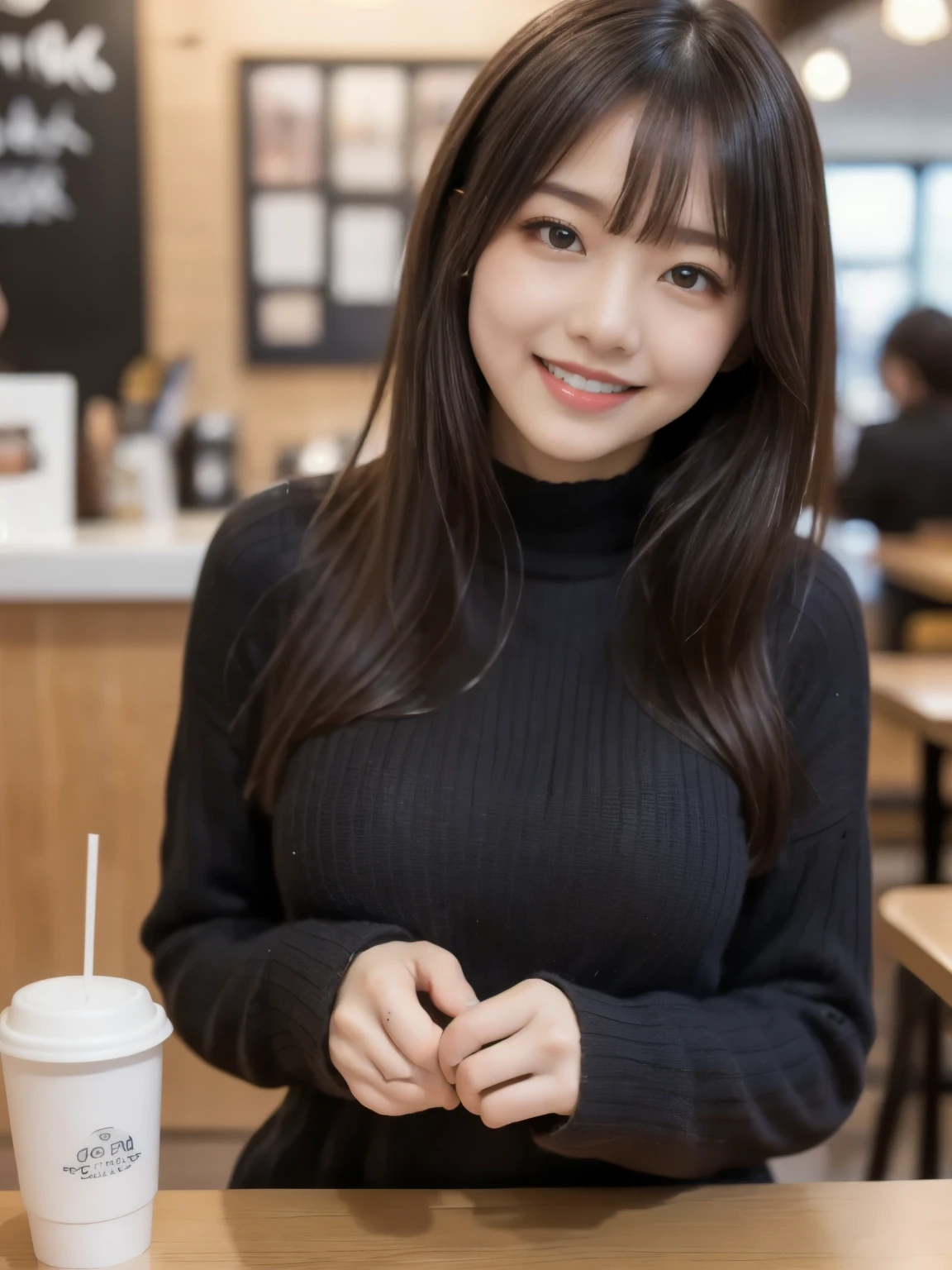 8k、Best Quality、Ultra Wide Angle Monofocal Lens   、(Representative Works:1.2)、( Genuine)、( Genuine:1.37)、    one high school girl、  with a big smile on your face and shake hands、  beautiful alignment of teeth 、Well-formed fingers、At a coffee shop、(  Cute Winter Clothes )、  perfect body   、 Gravure photoshoot 、 perfect meaning  、Beautiful Skin、 professional lighting 、Face and skin detail  、Microparticles、   RAW Photo from the Last Century 