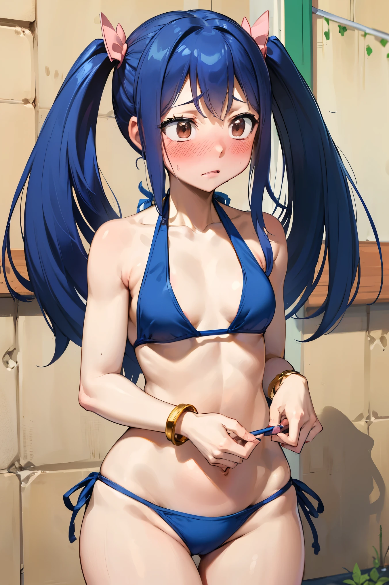NSFW,masterpiece,Best Quality, Hi-Res, very detailed,Wendy\(Fairy Tail\), long hair、 twin tails、Hair accessories、Small breasts,(Halterneck bikini:1.5)、Bracelet、 Bracelets,(Embarrassed:1.3),(blush:1.5)