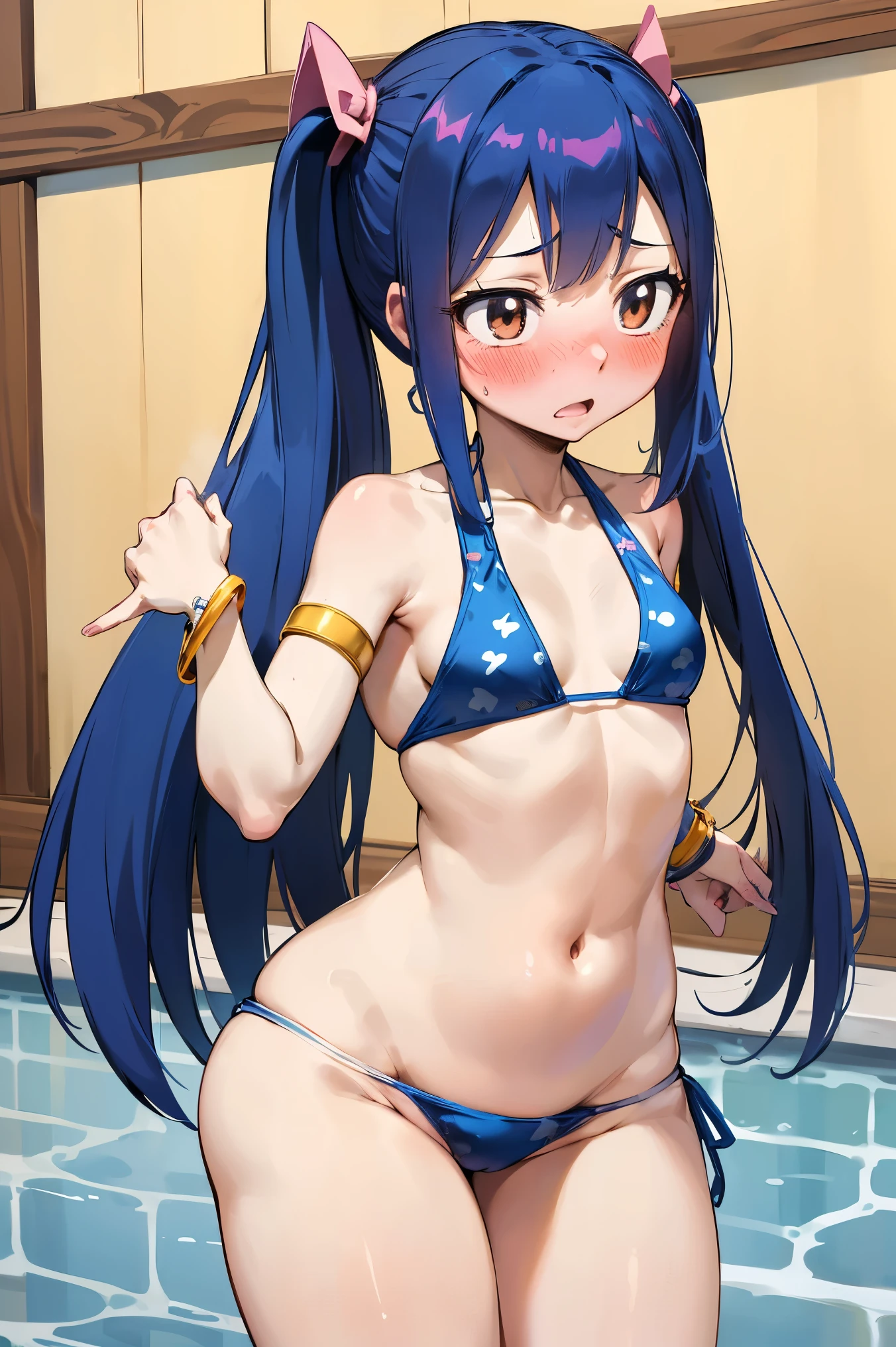 NSFW,masterpiece,Best Quality, Hi-Res, very detailed,Wendy\(Fairy Tail\), long hair、 twin tails、Hair accessories、Small breasts,(Halterneck bikini:1.5)、Bracelet、 Bracelets,(Embarrassed:1.3),(blush:1.5)