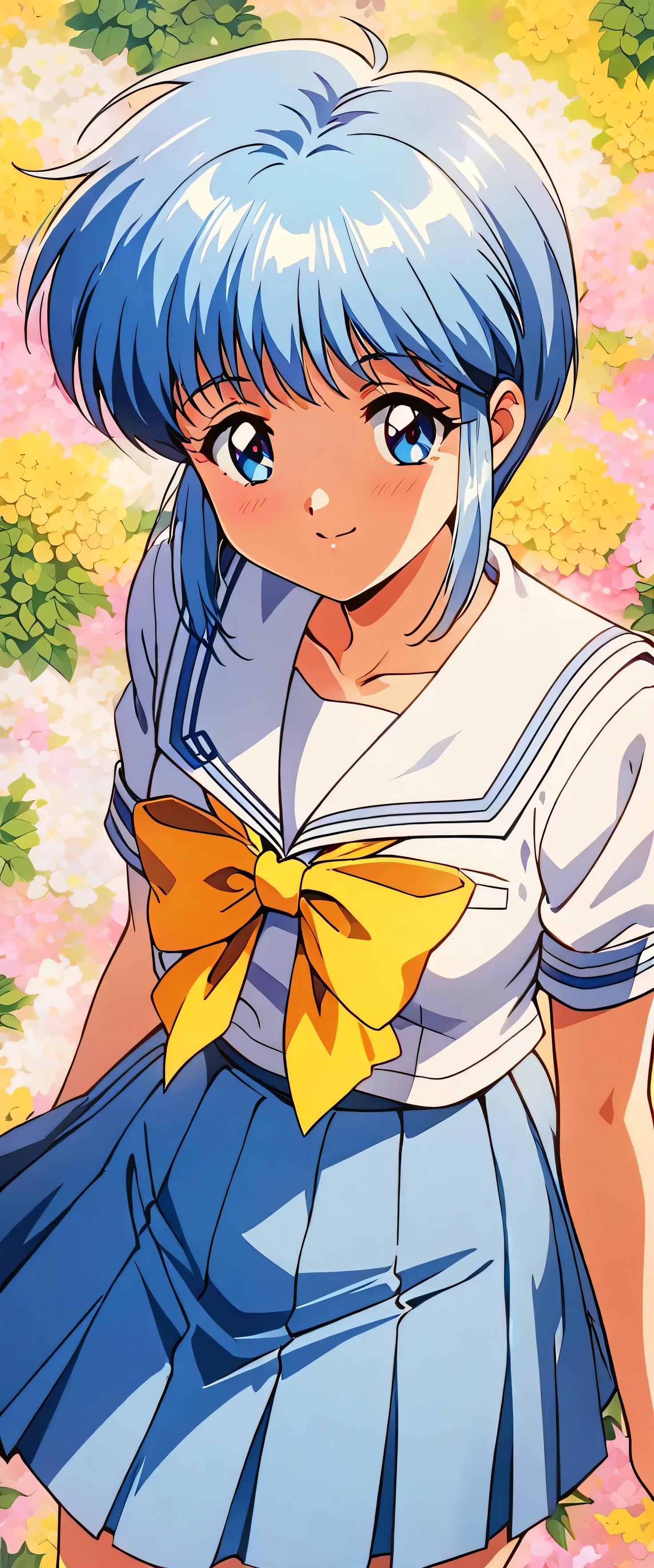 The large ribbon on the front of the sailor suit is yellow,(beautiful girl:1.3),masterpiece,Please redeem,Ultra-high resolution,rich contrast,Very high quality,8k,Highly detailed CG unit wallpaper,Texture,So ridiculous,RAW Photos,Highest quality anime,anime-style illustration,studio anime style,professional photograph,an extremely delicate and beautiful,Depth of written boundary 1.2,ultra-detailed eyes,Glowing Skin,Glitter Effect,Beautiful glossy lips,Saki Nijino,(Light blue short sleeve white sailor suit:1.5),The collar is light blue,(Light blue pleated skirt:1.5),Looks about ,light blue hair, short hair,sidelocks, very smiling,Flower Field,