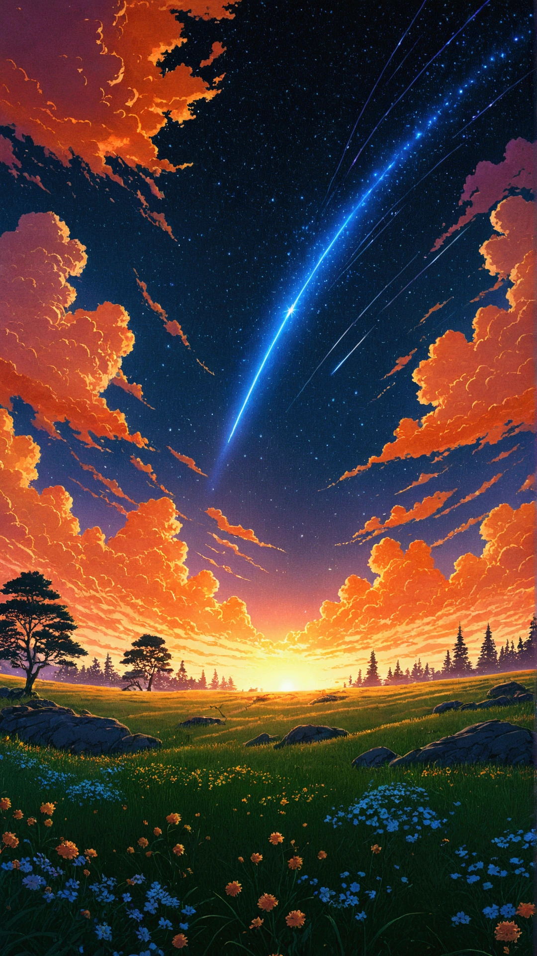 anime landscape with a shooting star in the sky, anime sky, anime landscape wallpaper, anime art wallpaper 4k, anime art wallpaper 4 k, anime art wallpaper 8 k, cosmic skies. by makoto shinkai, cosmic sky, beautiful art uhd 4 k, stunning art style, amazing wallpaper, anime wallpaper 4k, anime wallpaper 4 k, magnificent background