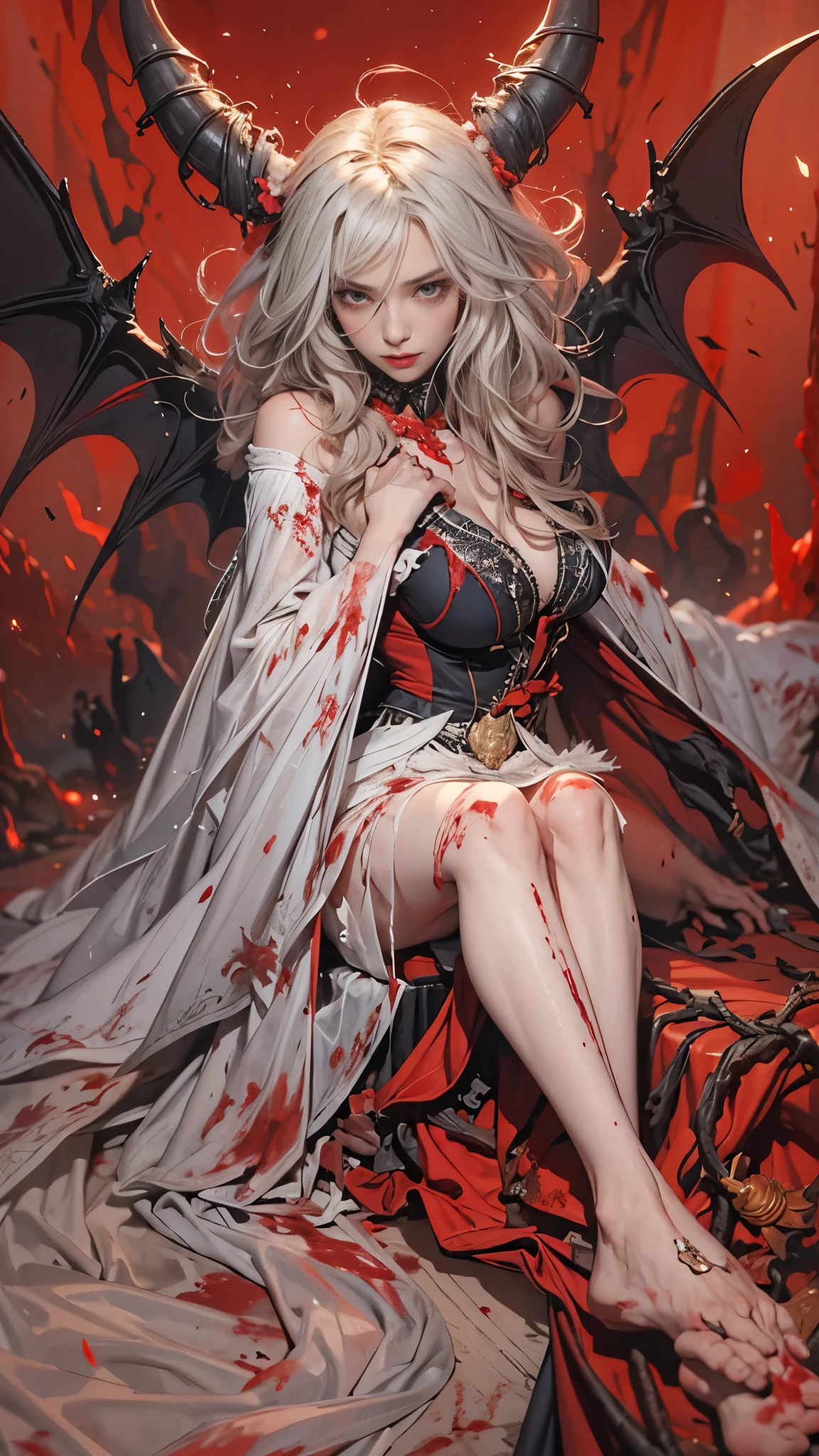 (1 beautiful devil woman from hell, In the Dark: 1.6), hips up, surreal female portrait by David Hockney and Alphonse Mucha, fantasy art, korea doll, photorealism, dynamic lighting, artstation, poster, volumetric lighting, very detailed faces, 8k ultra, Awarded, in the dark, deep shadow, low key, cowboy lens, (Red phoenix dress: 1.4), long hair, white hair, bust, luxurious palace, Royal style, devil crown, red eyes make up very sharp and detailed, The most beautiful face, The breasts are very big and round and round, Super realistic, chinese women's clothing, polo neck sweater, Charming smile, The eyes are very well made up, guweiz, devil style, wearing black mesh socks, Ponytail with a bow tied at the back of the hair, Red black lips, Devil tattoo on shoulder, wearing a thin red and black robe, the landscape is overcast and thunderous, (Portrait), Close-up of the main character, (Background details 1.8),