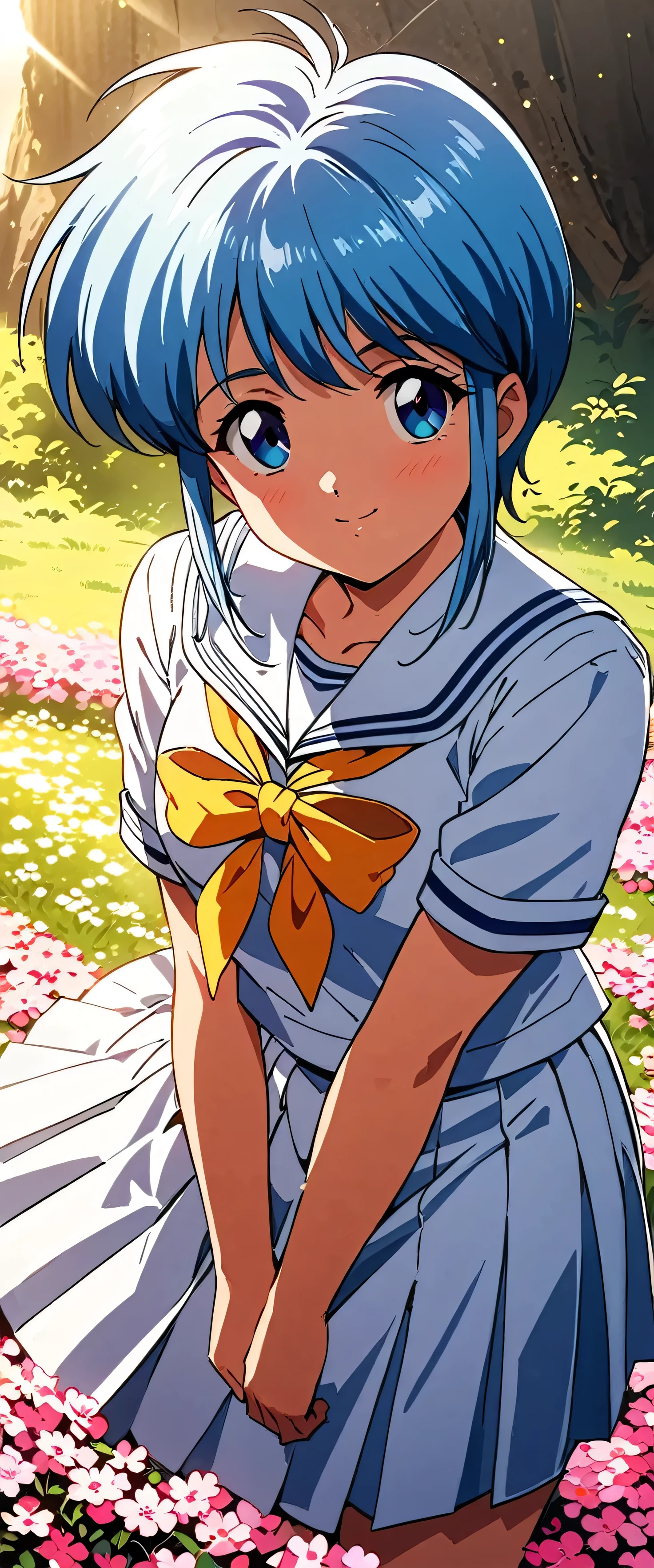 The large ribbon on the front of the sailor suit is yellow,(beautiful girl:1.3),masterpiece,Please redeem,Ultra-high resolution,rich contrast,Very high quality,8k,Highly detailed CG unit wallpaper,Texture,So ridiculous,RAW Photos,Highest quality anime,anime-style illustration,studio anime style,professional photograph,an extremely delicate and beautiful,Depth of written boundary 1.2,ultra-detailed eyes,Glowing Skin,Glitter Effect,Beautiful glossy lips,Saki Nijino,(Light blue short sleeve white sailor suit:1.5),The collar is light blue,(Light blue pleated skirt:1.5),Looks about ,light blue hair, short hair,sidelocks, very smiling,Flower Field,
