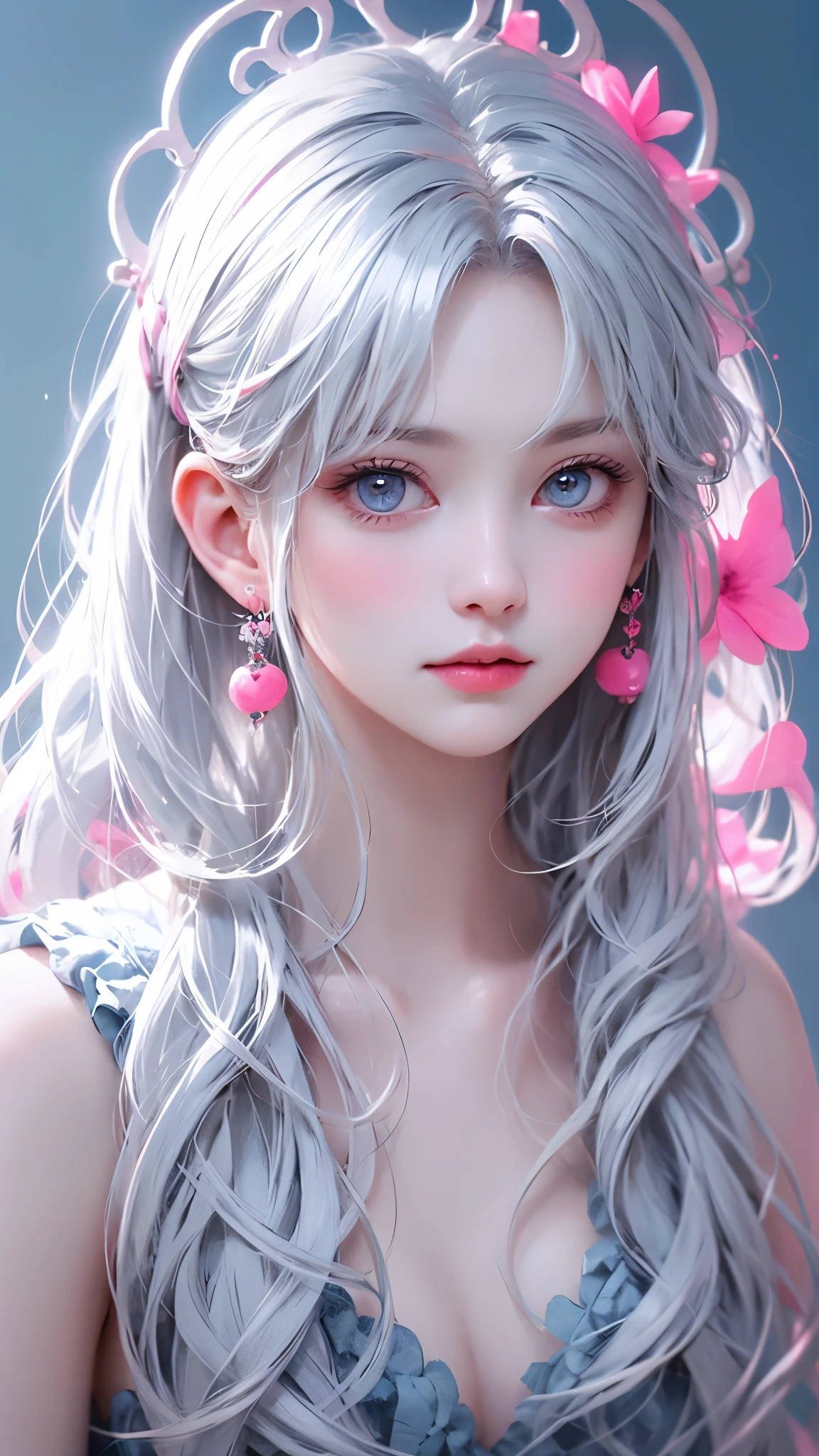 Light blue and pink color scheme,Sexy girl nipple,little body,Petite,White curly hair