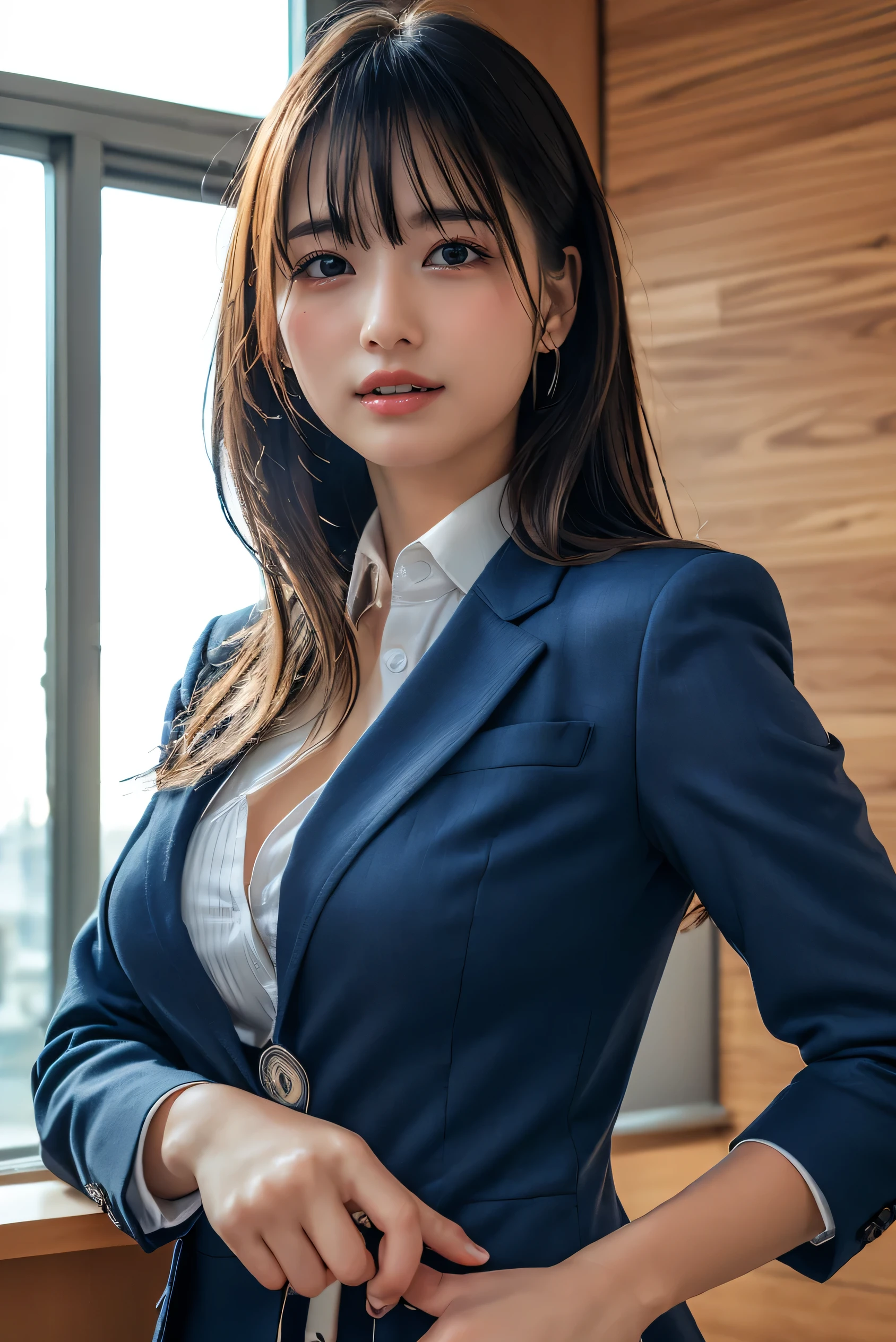 Top Quality, Photorealistic, 8K, High Definition, 1 Girl, Female, (1.8), School, Schoolgirl, Blazer, Uniform, Pubic hair visible, No panties, Skirt boldly pulled up, ((Sit in chair and legs wide open)), Bend your knees and open your legs, Slightly shorter hairstyle, Grab your knees with your hands to open your legs, Buttoned shirt flutters
