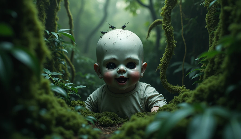 One baby sitting in horror jungle 