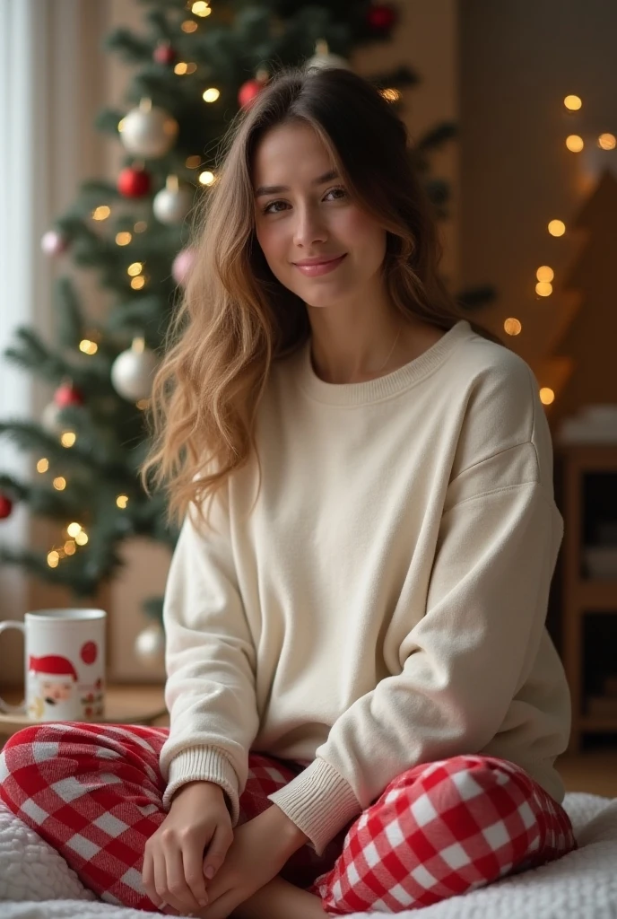 Hot blonde 40 year old woman standing in living room during Christmas wearing flannel pajama shorts and white pajama shirt with buttons and white ankle socks. Zoomed out Full Front view show legs and white short socks