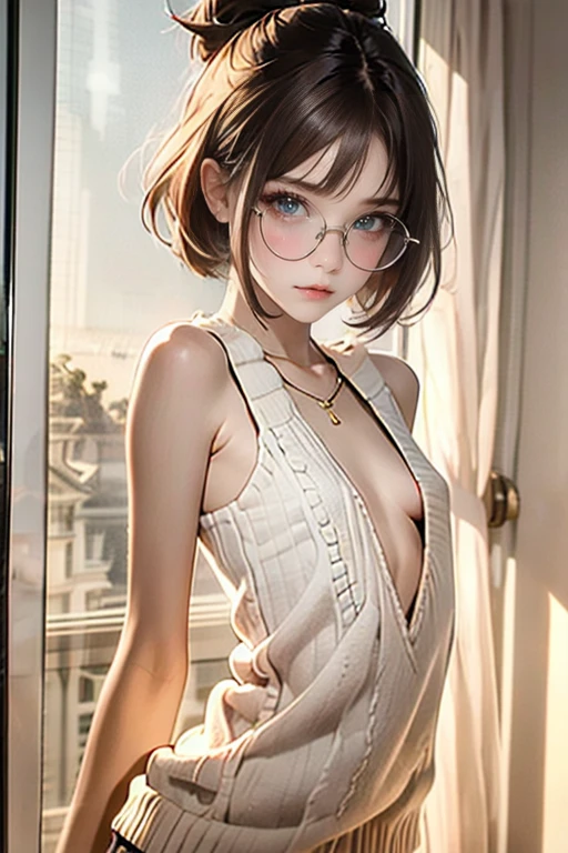 Masterpiece, best quality, high resolution, ultra high resolution, upper body, front view, 1 girl, solo, beautiful girl, short hair, brown hair, The woman is wearing round glasses with thin metal frames,bangs, ponytail, slim body, tall body, beautiful body, cleavage, white virgin killer sweater, sleeveless sweater, off the shoulders, standing,  looking at the viewer, (sexy pose), indoors, bedroom background, virgin killer sweater