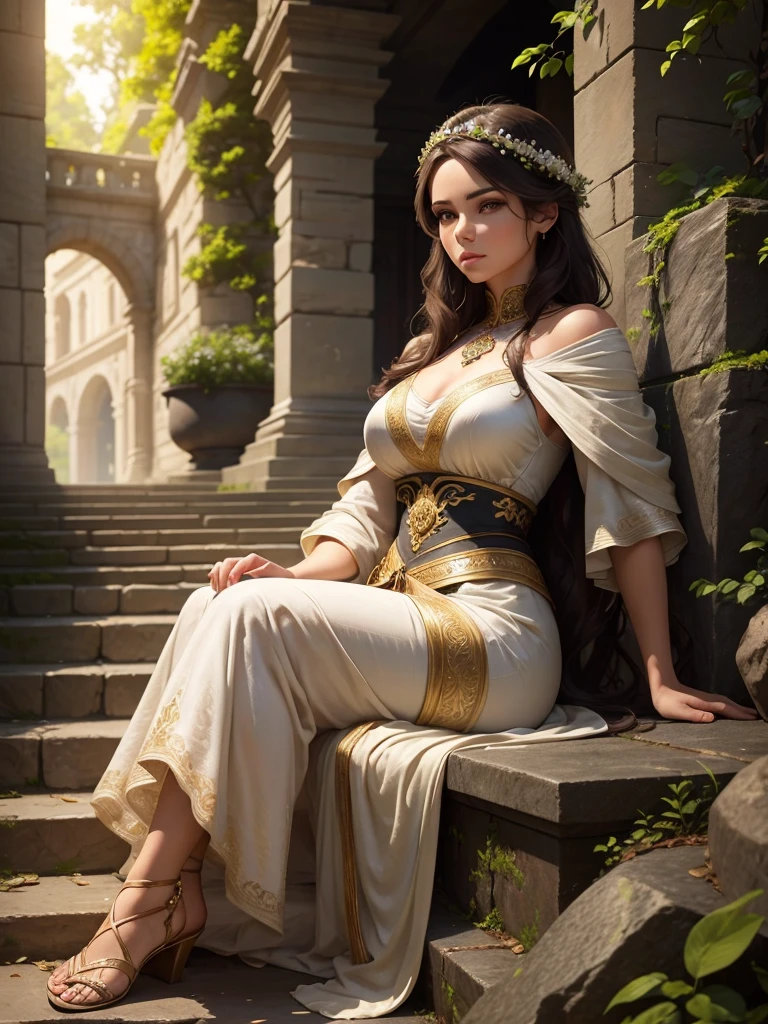 a woman sitting on stone steps, detailed face, beautiful eyes, elegant clothing, sunlight, stone architecture, lush greenery, warm color tones, cinematic lighting, intricate details, photorealistic, highly detailed, masterpiece