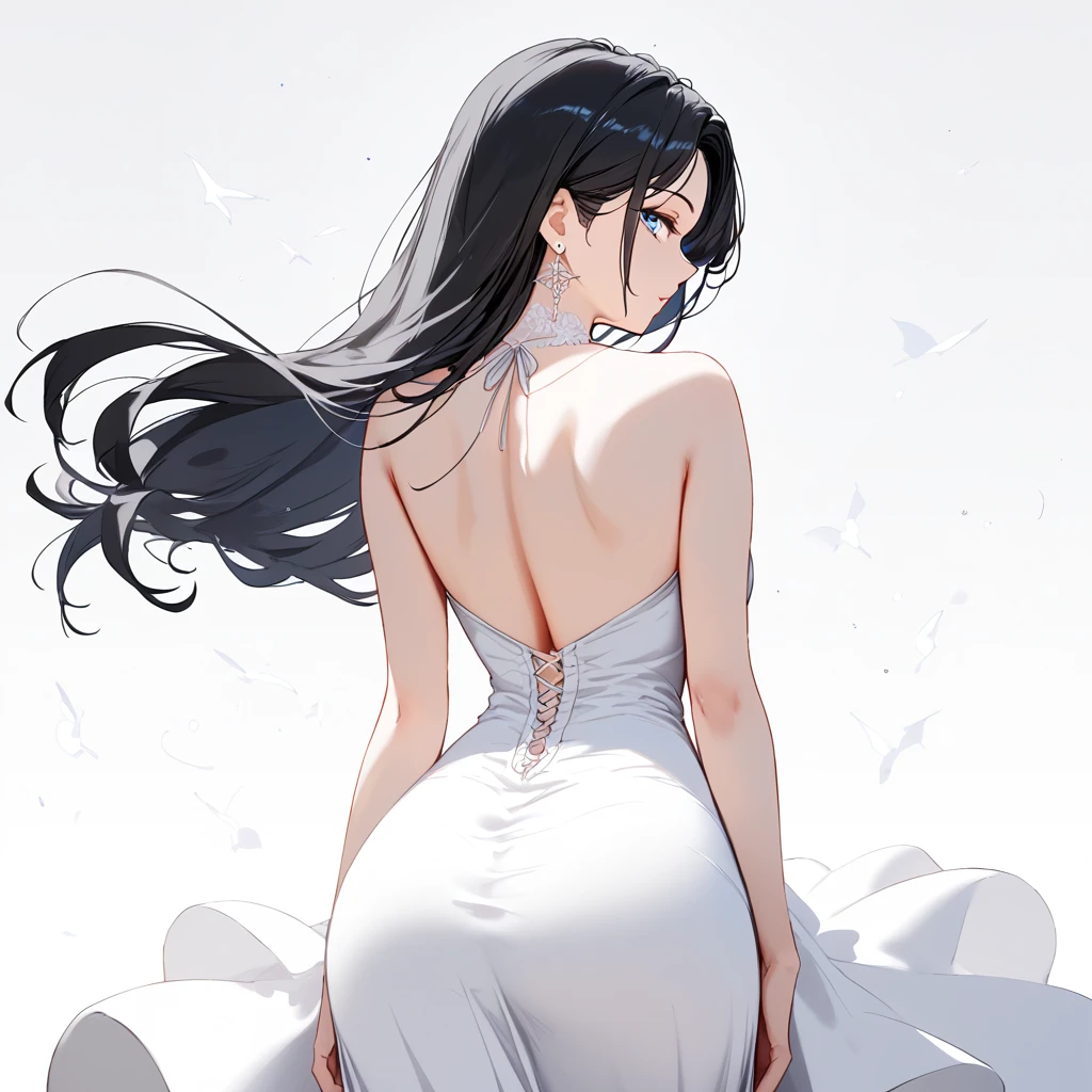 1 female,  black hair , Blue eyes,  Delicate face, beautiful, I love the earrings ,  white dress , standing,,  white dress , white background, bewitching thighs, back, Turn back, , about,  upper body, portrait 