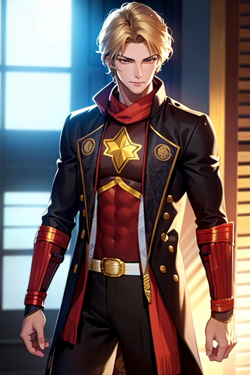 (  High-definition CG), (Best Quality),     a superhero and has a beautiful body,   hero costume , Handsome and cool young man   ,       Slim and Muscular      , My skin is brown  ,  blonde, Frivolous,   sensual vibe  ,