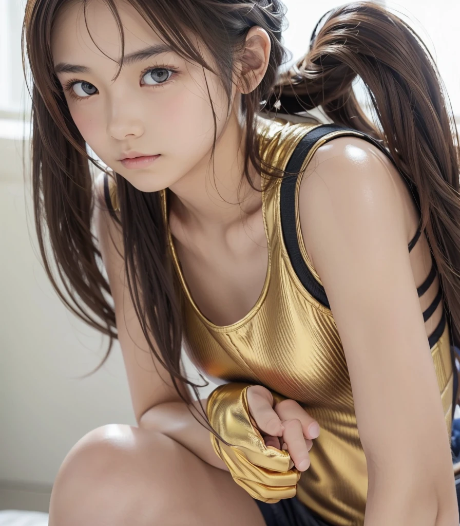  famous Japanese idol , ****, Golden Armor,  sleeveless shirt ,  shorts made of metal,  long gloves made of metal , Long brown hair,  hair braided on the side , Thready hair,  Expressive Hair ,  well-groomed, thin, lowered eyebrows , Light-pigmented eyes,  sad eyes , charming saggy eyes , Fair and beautiful skin,  supple physical beauty like a girl, Voluptuous thighs, small tattoo on upper arm,  Girl Warrior who won the battle to the death ,  Hi-Res, masterpiece, accurate,  anatomically correct,  that won numerous awards , 最 high quality,  high definition model,  high detail ,  high quality,  RETINA,  very detailed,  textured skin,  Ultra High Definition,  RAW Photos, 16k, Clear photos