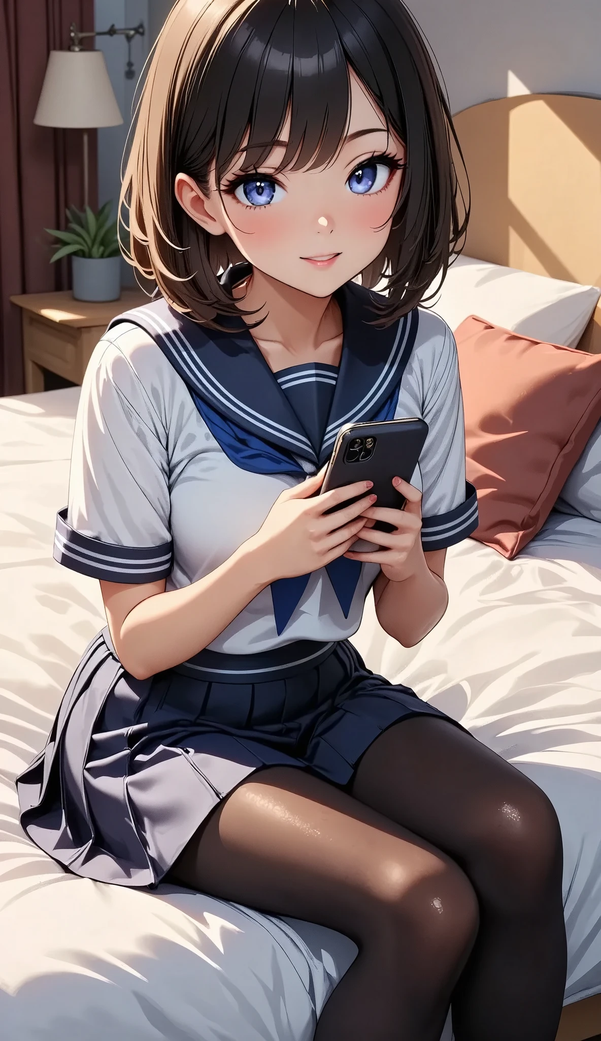 a young girl relaxing on a bed reading a smart phone,beautiful detailed eyes,beautiful detailed lips,extremely detailed eyes and face,longeyelashes, (sailor suit, pleated skirt , black tights, Loafers, Black Hair, bob cut), cozy bedroom interior,warm lighting,soft bedding,photorealistic,realistic,8k,ultra-detailed,highres,masterpiece,professional,vivid colors,natural lighting