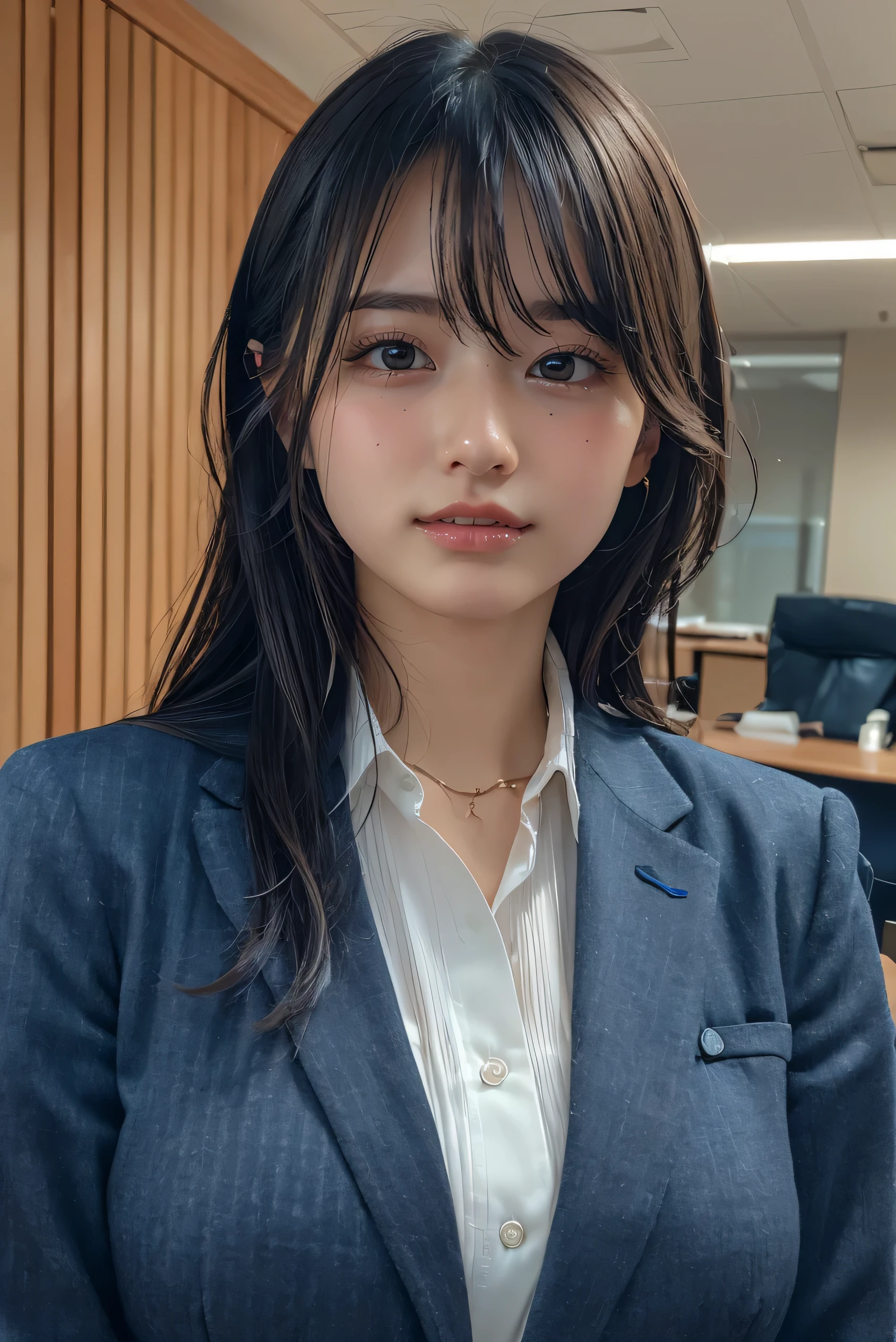 ( delicate illustration:1.3),(masterpiece:1.0), (Best Quality:1.4), ( super high definition:1.2), ( photorealistic :1.4), (8k, RAW photos from the last century:1.2), ( SHARP CONCENTRATION :1.3), ( face focus :1.4), (feet:1.3), (Age 19:1.3), (1 girl in an elaborate suit jacket and navy blue skirt:1.3), OL , Stand with a sharp concentration of , high heels, (((Office Background))), ((Black contact lenses)) , ( arched back :1.3), Big Breasts at the Temple , (Happy smile), scenery, bangs:1.2, beautiful detailed eyes, staring at the camera , slim, slender waist, 細いfeet, (cute), (beautiful), (( upper body:1.3)),