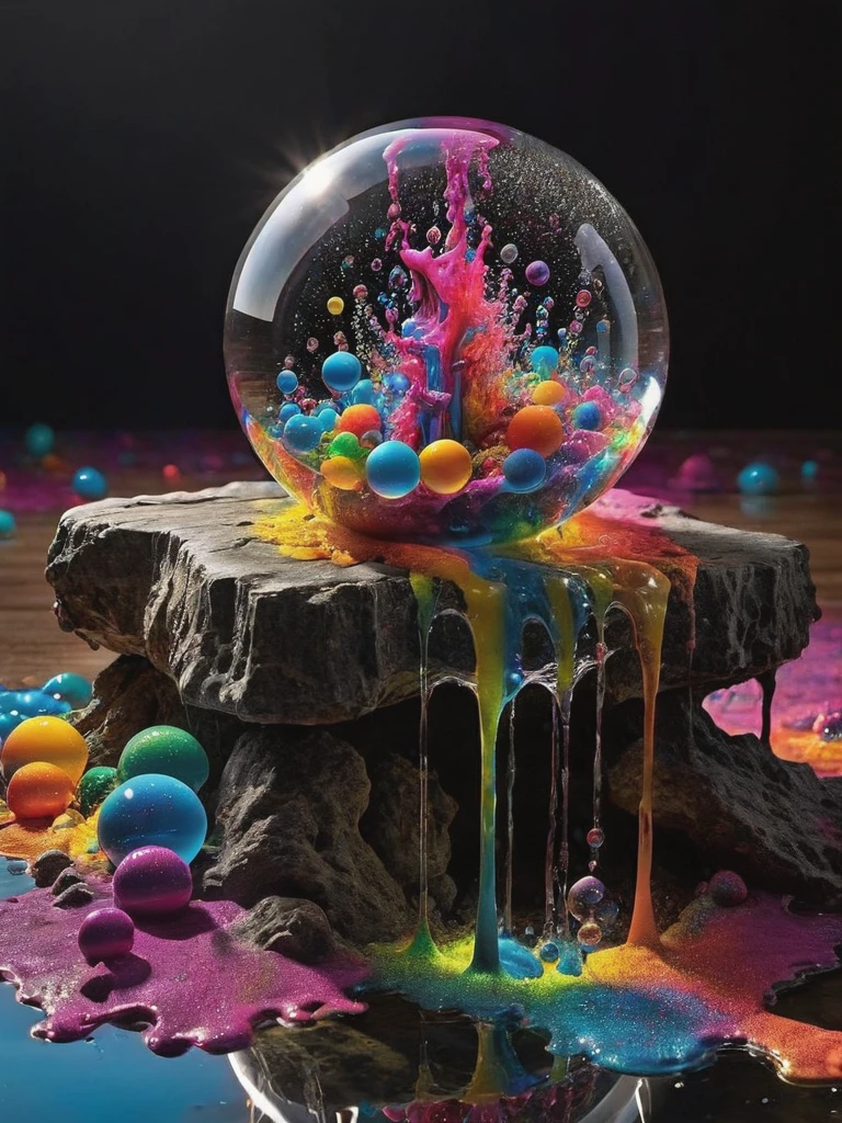 (best quality,4k,8k,highres,masterpiece:1.2),ultra-detailed,(realistic,photorealistic,photo-realistic:1.37),highly detailed psychedelic dream, vibrant shimmering colors, glass-like structures morphing from the colors, intricate rainbow patterns, perfectly formed symmetrical spheres, glowing reflective bubbles, detailed bubbles and spheres, rainbows of color twisted in and out of translucent orbs, spilled paint, spirals of swirling color in the background, beautiful psychedelic digital art, pixel art, neon colors, 4d mandelbulb psychedelics, glass-like psychedelic landscape, intricate rainbow environment, psychedelic underwater brightness, trails of color and light, bright fluorescent colors, psychedelic vibrant colors, bright psychedelic neon colors, colorful paint drips out of the bubbles, 3D glass spheres melting into each other spilling out colors, visually disorienting, hallucination inducing, optical illusions, startling, stunning images, awe-inspiringly, pixel assets, portrait photography, surrealism, photorealistic, hyperdetailed, glass morphism, digital art, sparkle, optical illusion, glowing light, reflection light, overexposure, god rays backlighting, depth of field, rotational symmetry