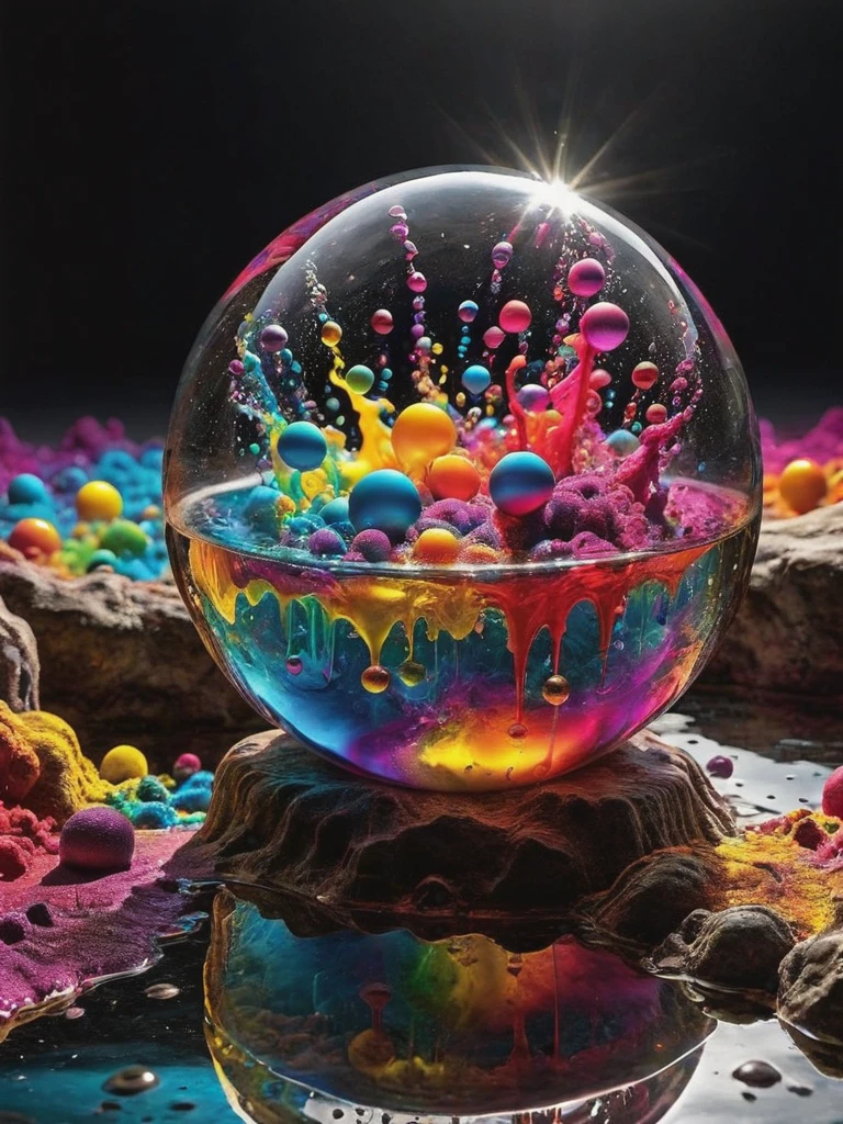 (best quality,4k,8k,highres,masterpiece:1.2),ultra-detailed,(realistic,photorealistic,photo-realistic:1.37),highly detailed psychedelic dream, vibrant shimmering colors, glass-like structures morphing from the colors, intricate rainbow patterns, perfectly formed symmetrical spheres, glowing reflective bubbles, detailed bubbles and spheres, rainbows of color twisted in and out of translucent orbs, spilled paint, spirals of swirling color in the background, beautiful psychedelic digital art, pixel art, neon colors, 4d mandelbulb psychedelics, glass-like psychedelic landscape, intricate rainbow environment, psychedelic underwater brightness, trails of color and light, bright fluorescent colors, psychedelic vibrant colors, bright psychedelic neon colors, colorful paint drips out of the bubbles, 3D glass spheres melting into each other spilling out colors, visually disorienting, hallucination inducing, optical illusions, startling, stunning images, awe-inspiringly, pixel assets, portrait photography, surrealism, photorealistic, hyperdetailed, glass morphism, digital art, sparkle, optical illusion, glowing light, reflection light, overexposure, god rays backlighting, depth of field, rotational symmetry