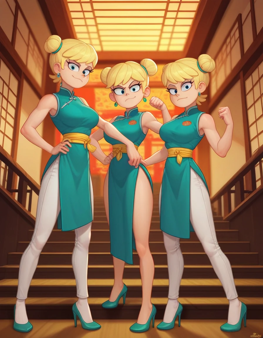 leni loud, 3girl, trio, 24yo girl, large breasts, green cheongsam,  inside of a chinese temple, dojo, looking at viewer, blonde hair, two hair buns , hands  score_9, score_8_up, score_7_up, high heels, teep fighting stance,martial arts, stairs behind her, guarding the stairs, a door behind the stair, chinese writings on the wall, long pants, triplets