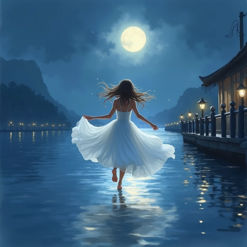 Watercolor、delicate、もっとdelicate、Adult princesses 、One person、Moonlight、dim、Waterfront、はだしでGet excited、Run away with a smile、Backwards、Get excited、 enchantment、