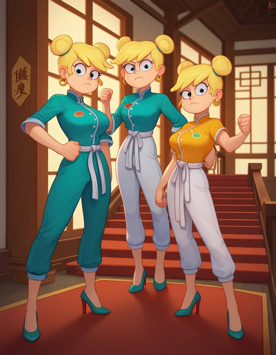 leni loud, 3girl, trio, 24yo girl, large breasts, green cheongsam,  inside of a chinese temple, dojo, looking at viewer, blonde hair, two hair buns , hands  score_9, score_8_up, score_7_up, high heels, teep fighting stance,martial arts, stairs behind her, guarding the stairs, a door behind the stair, chinese writings on the wall, long pants, triplets