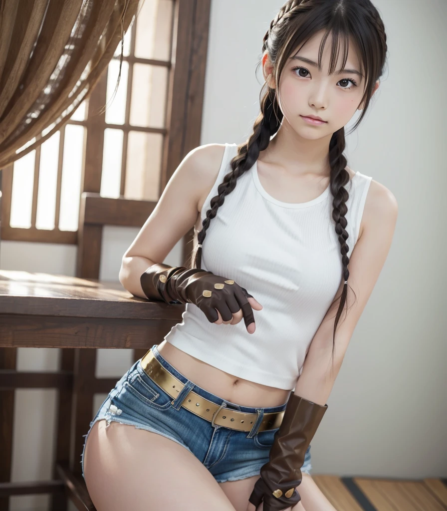  famous Japanese idol , ****, Golden Armor,  sleeveless shirt ,  shorts made of metal,  long gloves made of metal , Long brown hair,  hair braided on the side , Thready hair,  Expressive Hair ,  well-groomed, thin, lowered eyebrows , Light-pigmented eyes,  sad eyes , charming saggy eyes , Fair and beautiful skin,  supple physical beauty like a girl, Voluptuous thighs, small tattoo on upper arm,  Girl Warrior who won the battle to the death ,  Hi-Res, masterpiece, accurate,  anatomically correct,  that won numerous awards , 最 high quality,  high definition model,  high detail ,  high quality,  RETINA,  very detailed,  textured skin,  Ultra High Definition,  RAW Photos, 16k, Clear photos