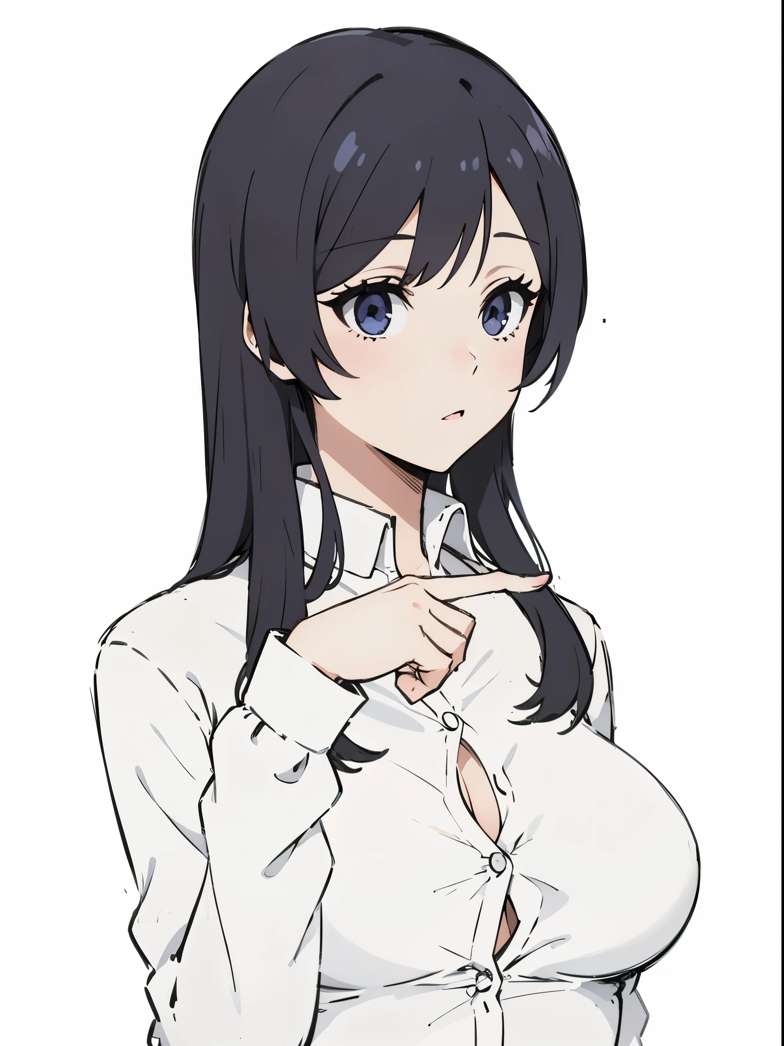 Anime girl with short hair, wearing white shirt, big boobs, long sleeve, collar open, collar bone, buttons open , pointing finger to us