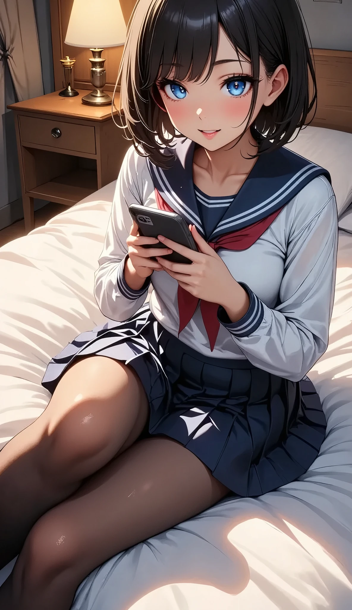 a young girl relaxing on a bed reading a smart phone,beautiful detailed eyes,beautiful detailed lips,extremely detailed eyes and face,longeyelashes, (sailor suit, pleated skirt , black tights, Loafers, Black Hair, bob cut), cozy bedroom interior,warm lighting,soft bedding,photorealistic,realistic,8k,ultra-detailed,highres,masterpiece,professional,vivid colors,natural lighting