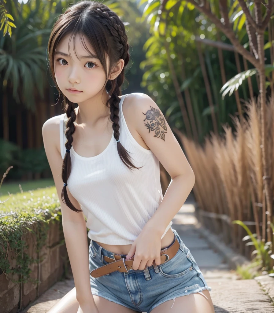  famous Japanese idol , ****, Golden Armor,  sleeveless shirt ,  shorts made of metal,  long gloves made of metal , Long brown hair,  hair braided on the side , Thready hair,  Expressive Hair ,  well-groomed, thin, lowered eyebrows , Light-pigmented eyes,  sad eyes , charming saggy eyes , Fair and beautiful skin,  supple physical beauty like a girl, Voluptuous thighs, small tattoo on upper arm,  Girl Warrior who won the battle to the death ,  Hi-Res, masterpiece, accurate,  anatomically correct,  that won numerous awards , 最 high quality,  high definition model,  high detail ,  high quality,  RETINA,  very detailed,  textured skin,  Ultra High Definition,  RAW Photos, 16k, Clear photos