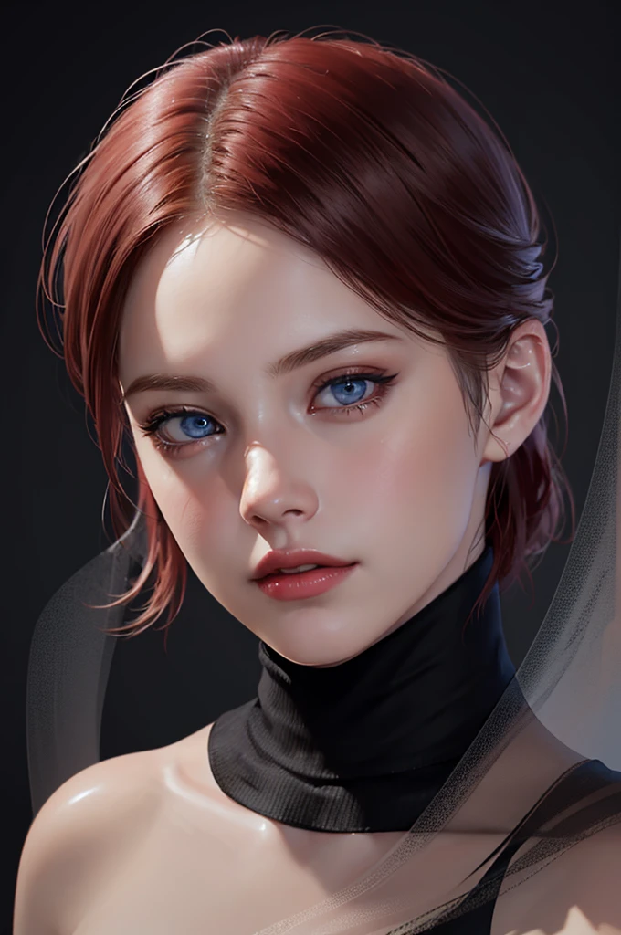 woman with medium short hair ,Auburn-red-hair, pale,soft body,eyeliner,portrait,blue eyes,eyeliner,wonderful highly detailed masterpiece, elegant, digital painting, smooth, dramatic lighting, ultra realistic, 8k, art , blur backgrond, black background ,black background, black turtleneck,look at camera