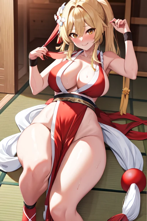 masterpiece, best quality, beautiful art, high resolution, well formed hands, body and fingers, 1 woman, solo, Lumine, blonde, 31 years old, cosplaying as Mai Shiranui , mai_shiranui_cosplay, adult, red sexy Japanese clothes, large and big breasted, cleavage, full body picture, hair ribbon, pelvic curtain, holding fans on her hands, gorgeous and bare legs and, thighs, sexy Japanese clothes, hair ornament , sexy and bare legs , hips and thighs, dancing seductively and erotically, exuding sensuality and allure, turning backwards and forwards, showing her back and front, shaking her body alluringly, red t back thong, smiling joyfully, sweating ,looking at the viewer, bouncing breasts, sweating, flirting, biting her lips, beach environment dancing seductively and erotically, exuding sensuality and allure, turning backwards and forwards, showing her back and front, shaking her body alluringly, red t back thong, smiling joyfully, sweating ,looking at the viewer, bouncing breasts, sweating, flirting, biting her lips, beach environment  shiranui mai \(*******\)