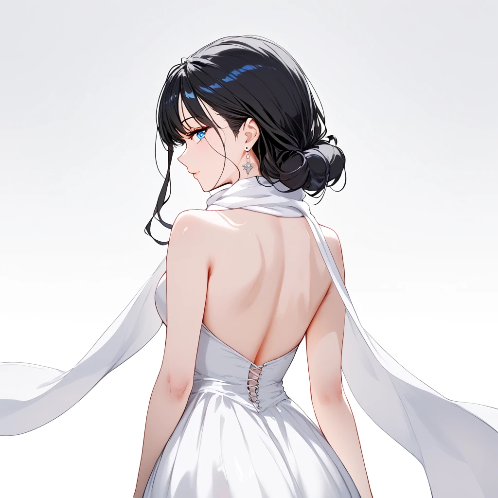 1 female,  black hair , Blue eyes,  Delicate face, beautiful, I love the earrings ,  white dress , standing,,  white dress , white background, bewitching thighs, back, Turn back, , about,  upper body, portrait, white scarf