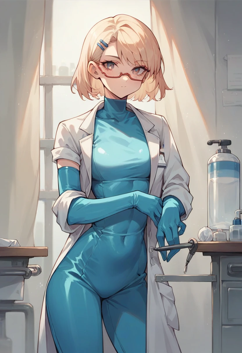 1girl, ((light blue elbow gloves)), ((surgical gloves)), ((latex gloves)), ((long sleeves)), ((surgeon outfit)), ((doctor)), looking at viewer, standing, solo