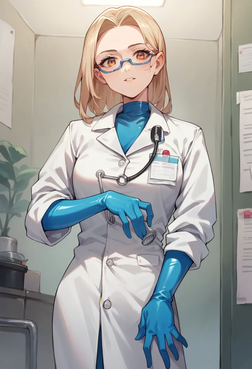 1girl, loremaster \(examtaker\), ((blue medical gloves)), ((surgical gloves)), ((latex gloves)), ((long sleeves)), looking at viewer, ((white doctor outfit)), standing, solo